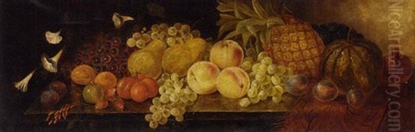 Peaches, A Pineapple, Grapes, Tomatoes, Plums, A Melon, And Flowers On A Draped Ledge Oil Painting by Thomas Whittle the Elder