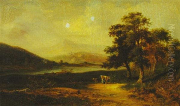 Near Abergavenny On The River Usk Oil Painting by Thomas Whittle the Elder