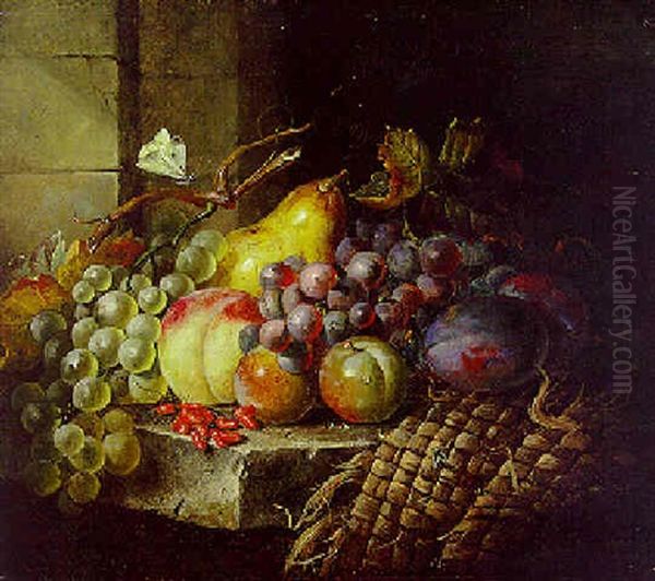 Grapes, Plums, A Peach, A Pear And A Wicker Basket On A Stone Ledge Oil Painting by Thomas Whittle the Elder