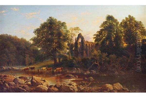 Bolton Abbey On The Wharfe With Cattle In The Foreground Oil Painting by Thomas Whittle the Younger