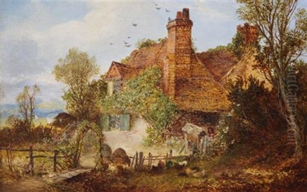 Figure And Chickens Beside A Cottage Oil Painting by Thomas Whittle the Younger