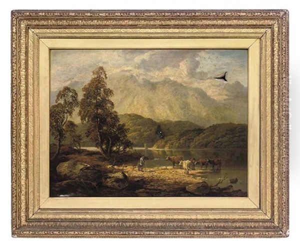 An Extensive River Landscape With Cattle Watering Oil Painting by Thomas Whittle the Younger