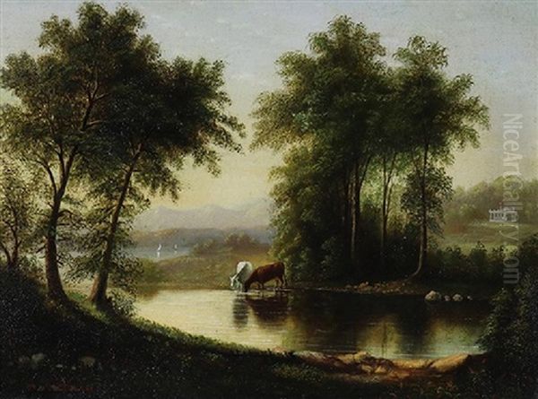 River Landscape With Cattle Watering Oil Painting by Worthington Whittredge