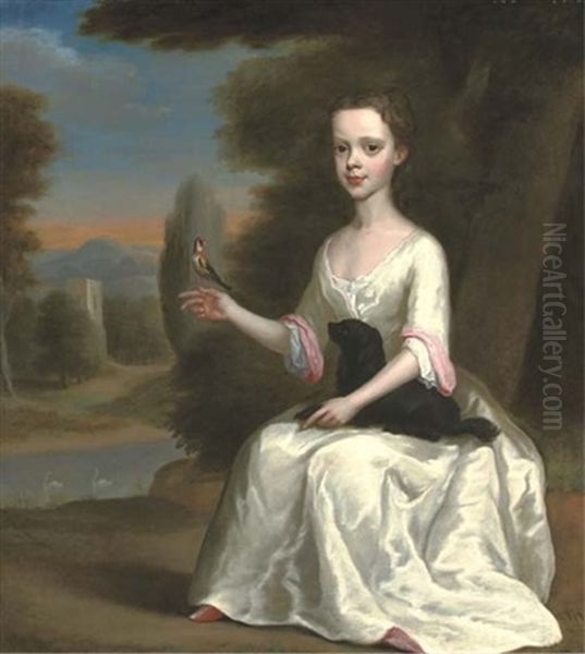 Portrait Of A Young Girl (esther Turpin?), In A White Dress With Pink Trim, Seated With A Toy Spaniel In Her Lap And A Goldfinch On Her Finger, In A Landscape, A Tower Beyond Oil Painting by Isaac Whood