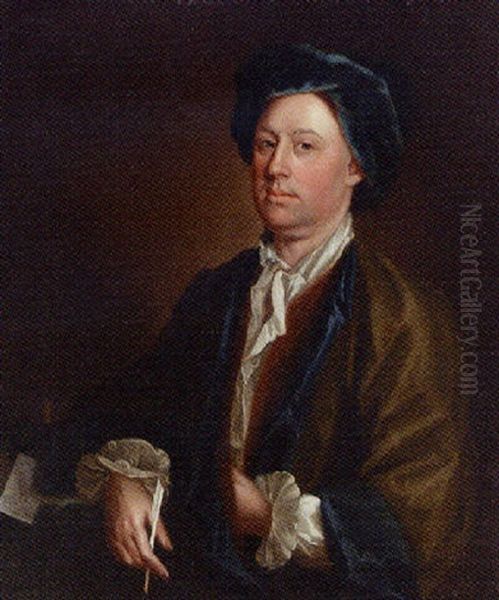 Portrait Of A Gentleman, In A Green And Blue Cloak And Blue Hat, Holding A Quill Oil Painting by Isaac Whood