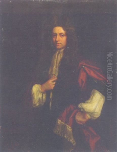 Portrait Of A Gentleman In A Green Coat With Red Mantle, Standing By A Plinth Oil Painting by Isaac Whood