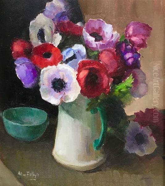 Anemones In White Jug by Alice F Whyte