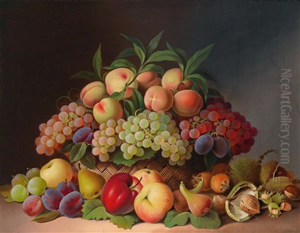 Ein Korb Mit Fruchten, Kastanien, Haselnussen Oil Painting by Jakob Wibmer