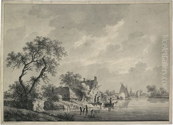 Niederlandische Fluslandschaft Mit Fischern Bei Einem Dorf (lexmond) by Nicolaes Wicart