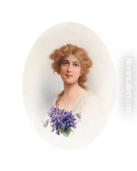 Portrait Of A Young Woman With Violets Oil Painting by Raimund (Ritter von Brennerstein) Wichera