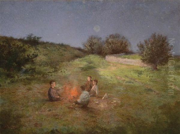 Kinder Am Lagerfeuer Oil Painting by Raimund (Ritter von Brennerstein) Wichera