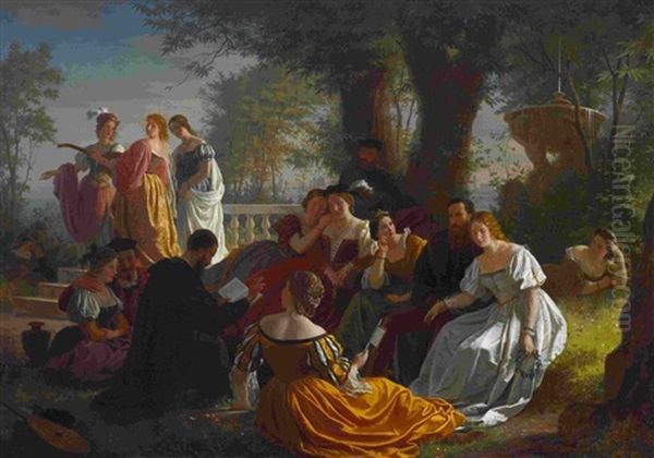 Pietro Aretino Liest Im Garten Tizians Aus Seinen Werken Vor Oil Painting by Adolph Friedrich Georg Wichmann