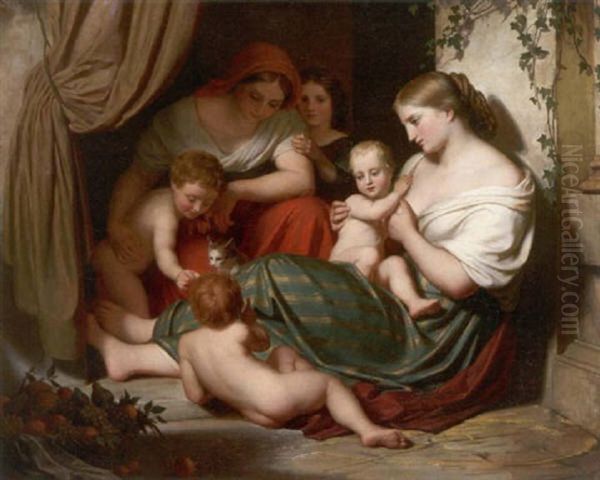 Romische Frauen Mit Ihren Kindern Im Hauseingang Spielend Oil Painting by Adolph Friedrich Georg Wichmann