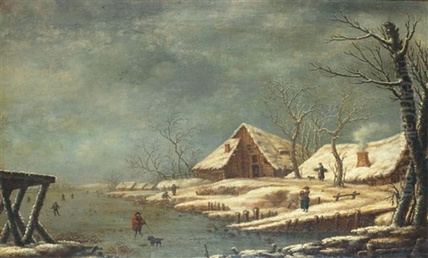 Vinterlandskap Med Skridskoakare Oil Painting by Benedictus Nicolaus Wichmann