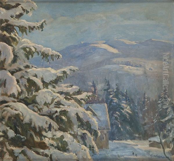 Hut With The Sniezne Kotly Mountain In Karkonosze Oil Painting by Georg Wichmann