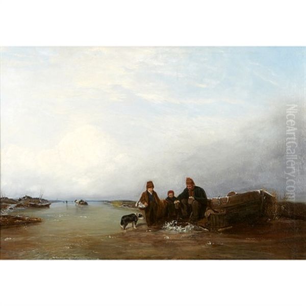 En Gammal Fiskare Med Sina Ungar, Som Fiska Genom Ett Hal I Isen Oil Painting by Per Wickenberg