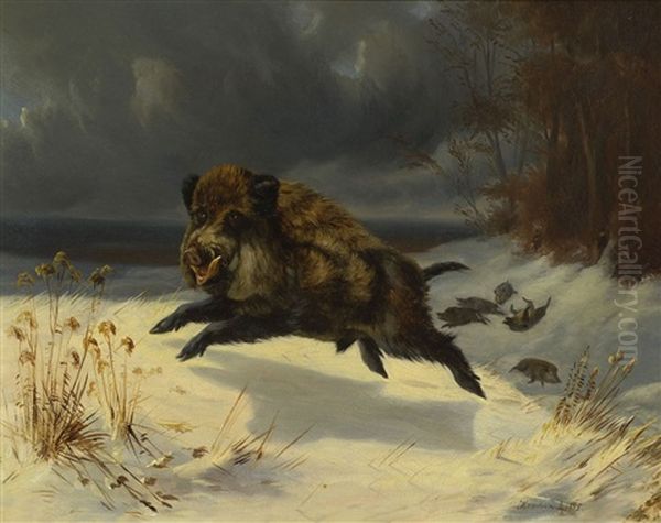 Keiler Auf Der Flucht In Winterlandschaft Oil Painting by Oskar Krockow von Wickerode