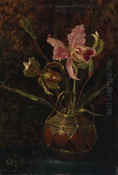 Orchids In A Stone Jar Oil Painting by Cornelis Julius van Wickevoort Crommelin