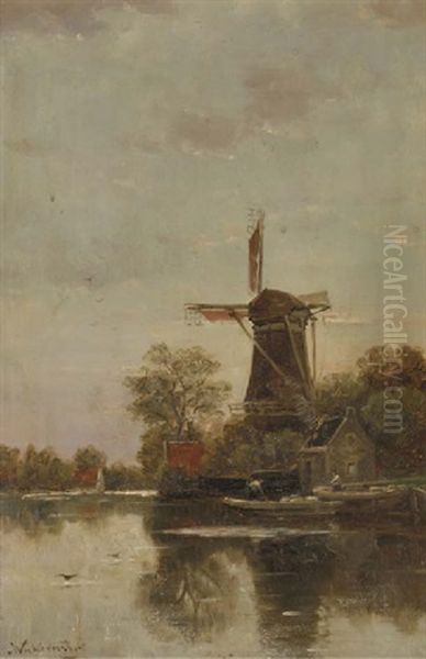 A Windmill By The Riverside Oil Painting by Cornelis Julius van Wickevoort Crommelin