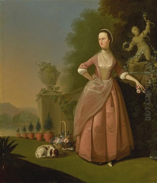 Portrait Of Mrs. Barratt Of Pottley Hall Wearing A Pink Dress In A Classical Garden With A Dog And And A Basket Of Flowers Besides Her Oil Painting by Philip Wickstead