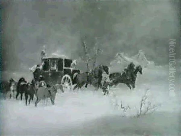 A Leeds Coach And Four In A Snowstorm; And Changing Horses  In A Snowstorm (a Pair) Oil Painting by Richard Dodd Widdas