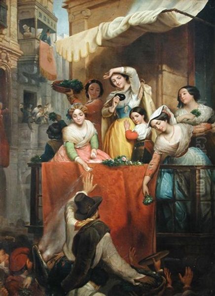 Roman Carnival - Elegant Ladies On A Balcony Casting Sugar Upon Their Admirers Below, With Numerous Figures Round About Them Oil Painting by Wilhelm Wider