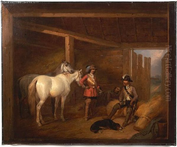 Soldiers And Horses In A Stable Oil Painting by Joseph Ii Brodowski