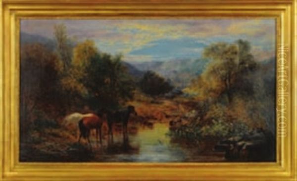 Dartmoor Ponies In A River Valley Oil Painting by William Widgery