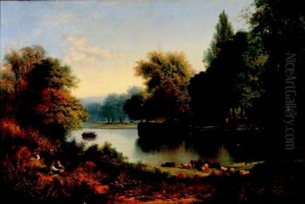 Summer River Landscape With A Couple, Cattle And A Busy Ferry Boat Oil Painting by William Widgery