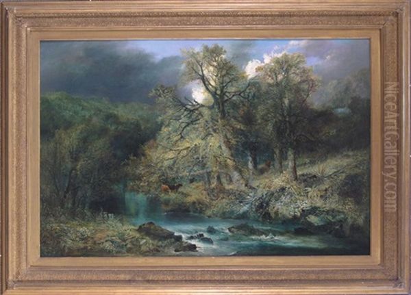 A Stormy Wooded River Landscape With A Mother And Child On A Path In The Woods Oil Painting by William Widgery