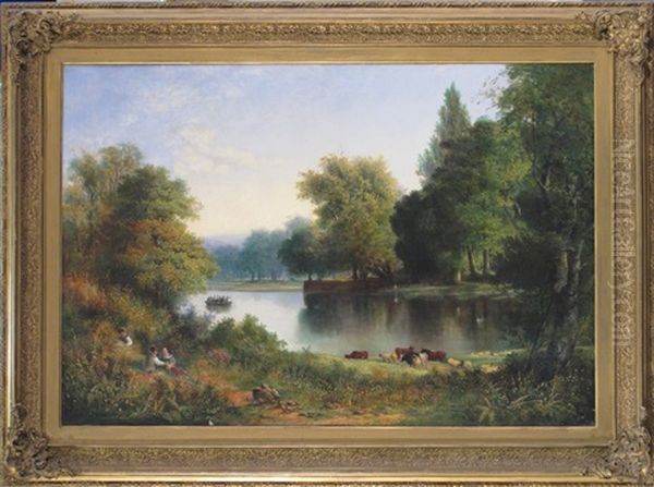 Extensive River Landscape With A Couple On The Riverbank And A Ferry Beyond Oil Painting by William Widgery