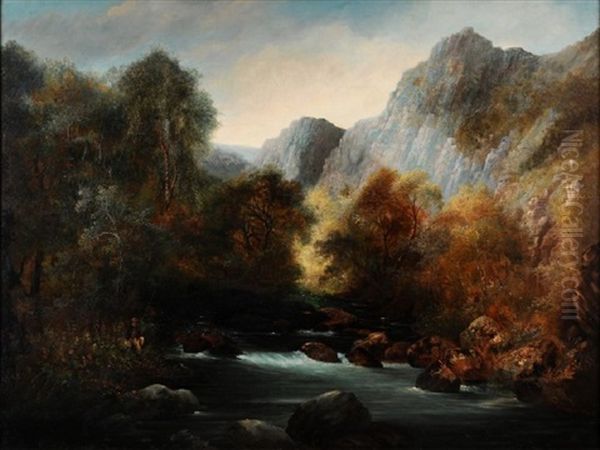 The Teign Valley, Fisherman Watching A Pool In The Foreground Oil Painting by William Widgery