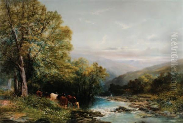 Wooded River Landscape, Cattle Watering In The Foreground, View To High Moors Beyond Oil Painting by William Widgery