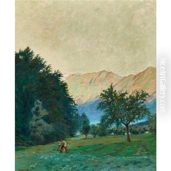 Berglandschaft Mit Bauer Beim Mahen Oil Painting by Hans Widmer