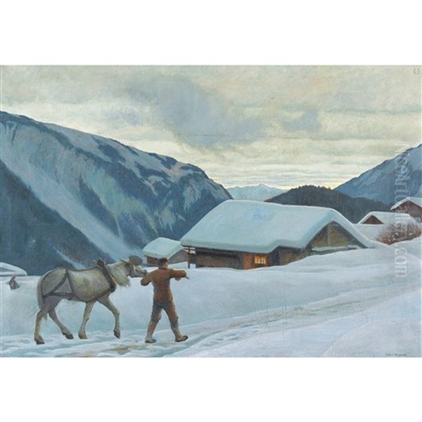 Winterlicher Sonnenaufgang Im Gebirge Mit Bauer Und Pferd Oil Painting by Hans Widmer