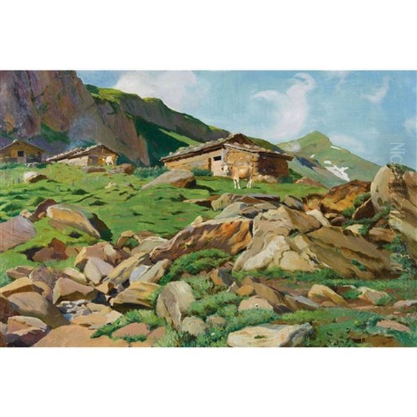 Sommerliche Alp Mit Weidenden Kuhen Oil Painting by Hans Widmer