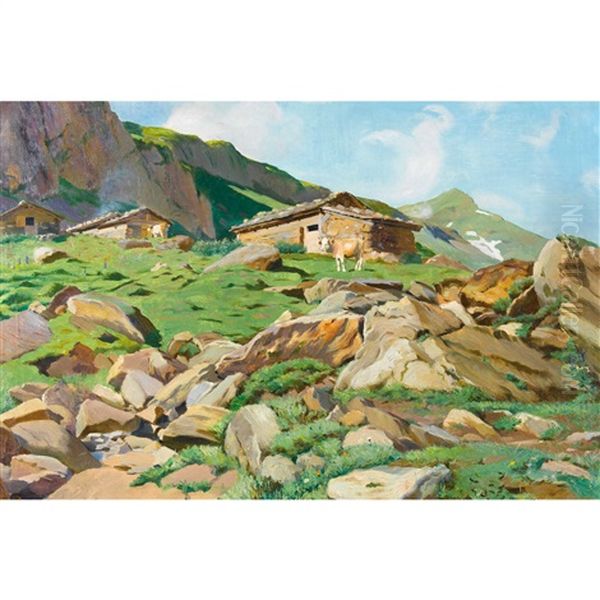 Sommerliche Alp Mit Weidenden Kuhen Oil Painting by Hans Widmer