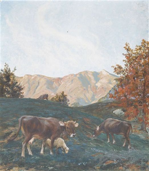 Weidende Herde Auf Der Alp Oil Painting by Hans Widmer