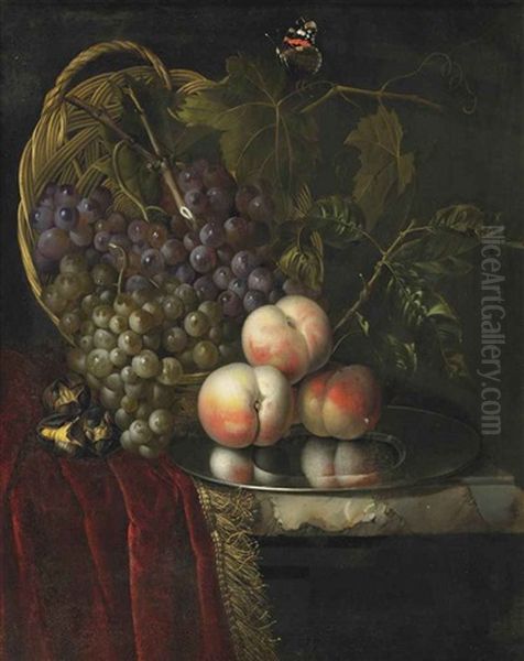 Three Peaches On A Silver Plate, White And Black Grapes In A Wicker Basket With A Butterfly, Together With Three Roasted Chestnuts On A Partially Draped, Marble Ledge Oil Painting by Bartholt Wiebke