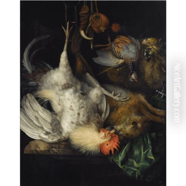 A Hunting Still Life Of A Dead Hare And A Cockerel Suspended From A Hook, A Dead Partridge And Two Songbirds, Together With Various Hunting Gear Oil Painting by Bartholt Wiebke