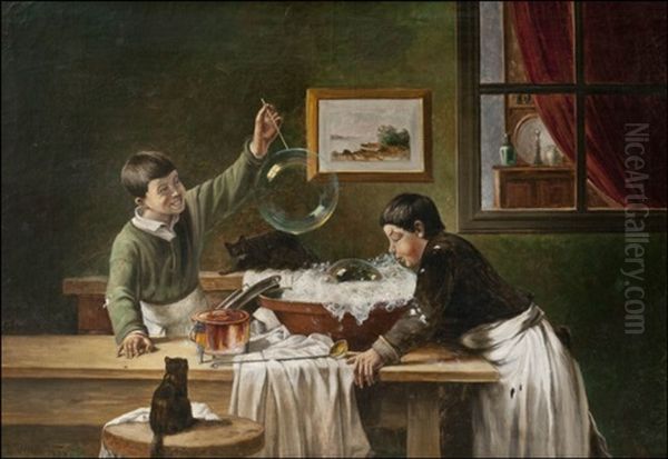 Saippuakupla Leikki (playing With Soap Bubbles) Oil Painting by Leonard Wiedh