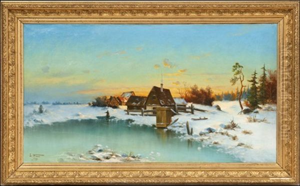 Auringonlasku Talvimaisemassa (sunset In A Winter Landscape) Oil Painting by Leonard Wiedh