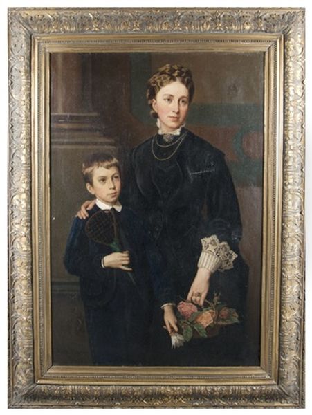 Mother And Son, He Is Holding A Feather Ball Game Oil Painting by Marie Wiegmann