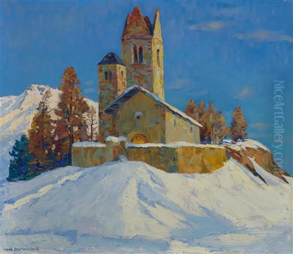 San Gian Church Near St. Moritz With Piz Padella In The Background Oil Painting by Hans Beat Wieland