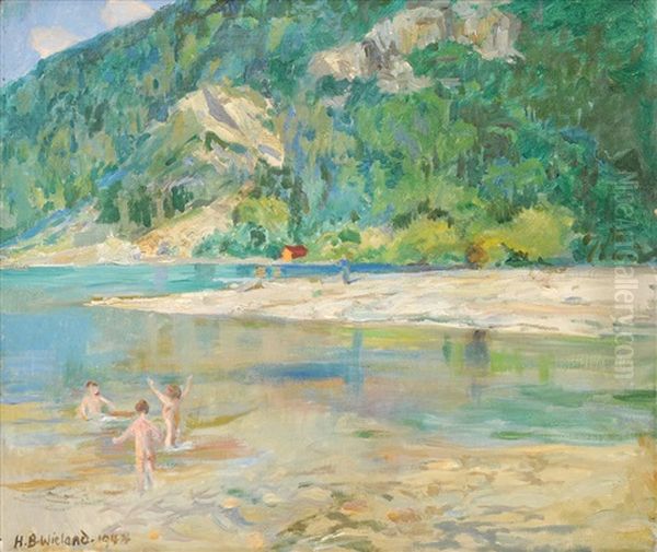 Kinderbad, Lombach (thunersee) Oil Painting by Hans Beat Wieland