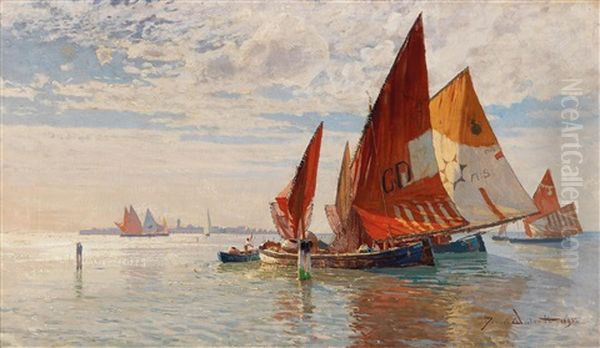 Fishermen In The Venetian Lagoon Oil Painting by Manuel Wielandt