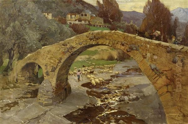 Hirten Bei Einer Alten Brucke In Den Ligurischen Alpen Oil Painting by Manuel Wielandt