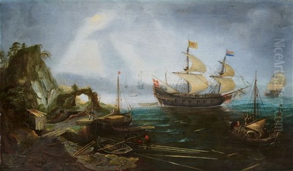 Coastal Landscape With A Warship At Anchor Oil Painting by Cornelis Claesz van Wieringen