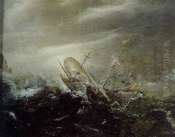 A Merchantman Foundering In A Storm Off A Rocky Coast Oil Painting by Cornelis Claesz van Wieringen