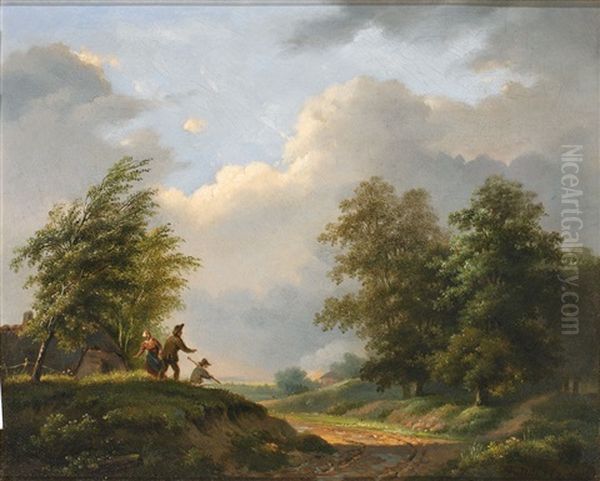 Von Einem Feuer Auf Offenem Feld Aufgeschreckte Bauern In Sommerlicher Landschaft Oil Painting by Henricus-Franciscus Wiertz